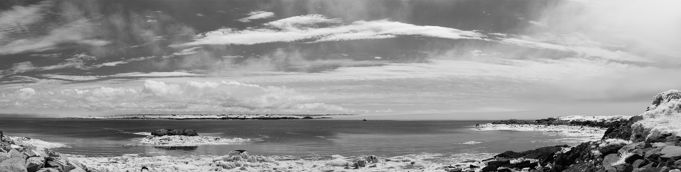 Infrared Panoramic Photo of Narrow Harbor Channel.